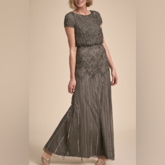 BHLDN x Adrianna Papell Wyatt Beaded Sequin Blouson Gown in Charcoal Gray - Picture 1 of 14